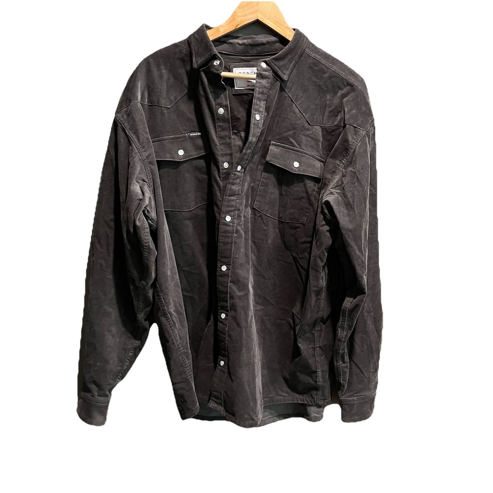 Poncho Gray Regular Fit Corduroy Long Sleeve‎  Pearl Snap Buttons Shirt Size XL